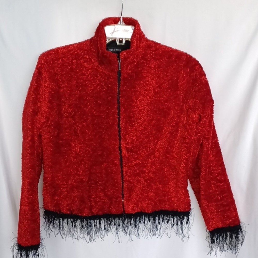 Vintage Sharon Endick Jacket Red Fuzzy  Fringed & Beaded, Zip, 20" PTP, 22"L